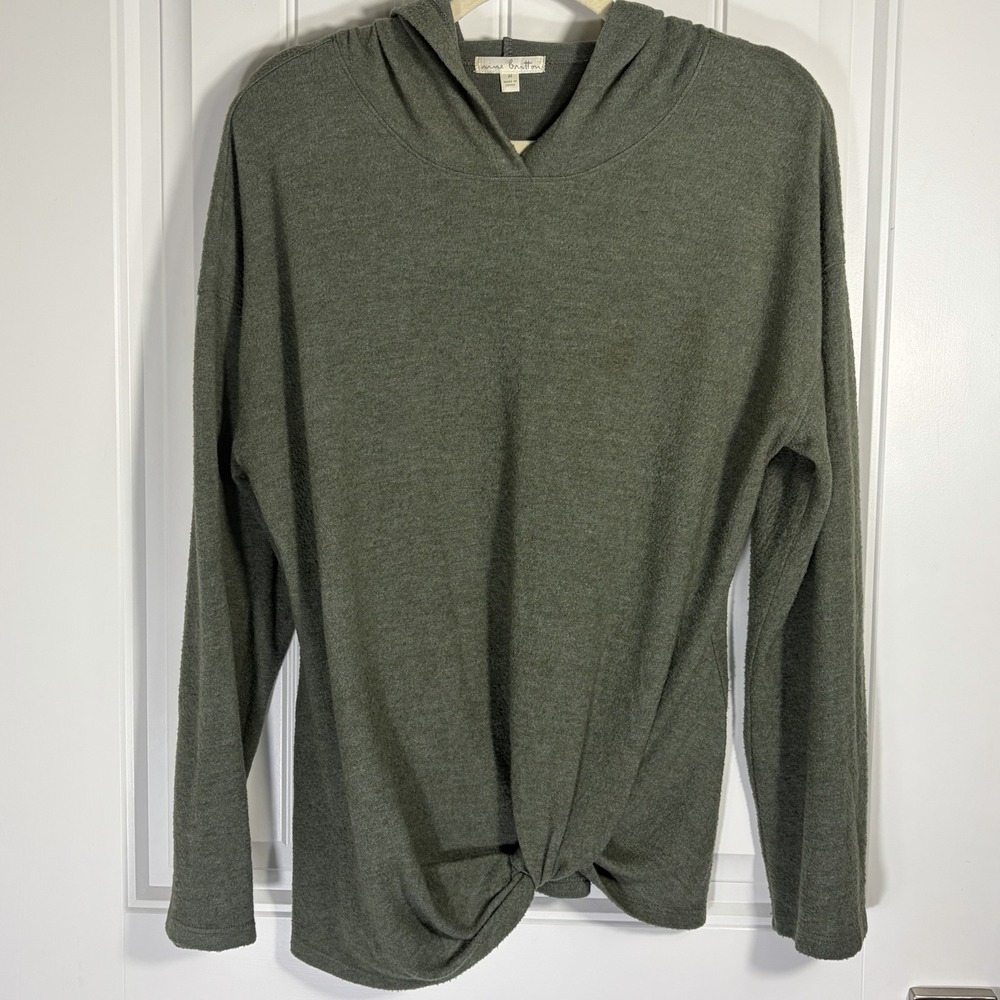 Nine Britton Women's M Olive Green Soft Knit Hooded Pullover Top Twist Hem
